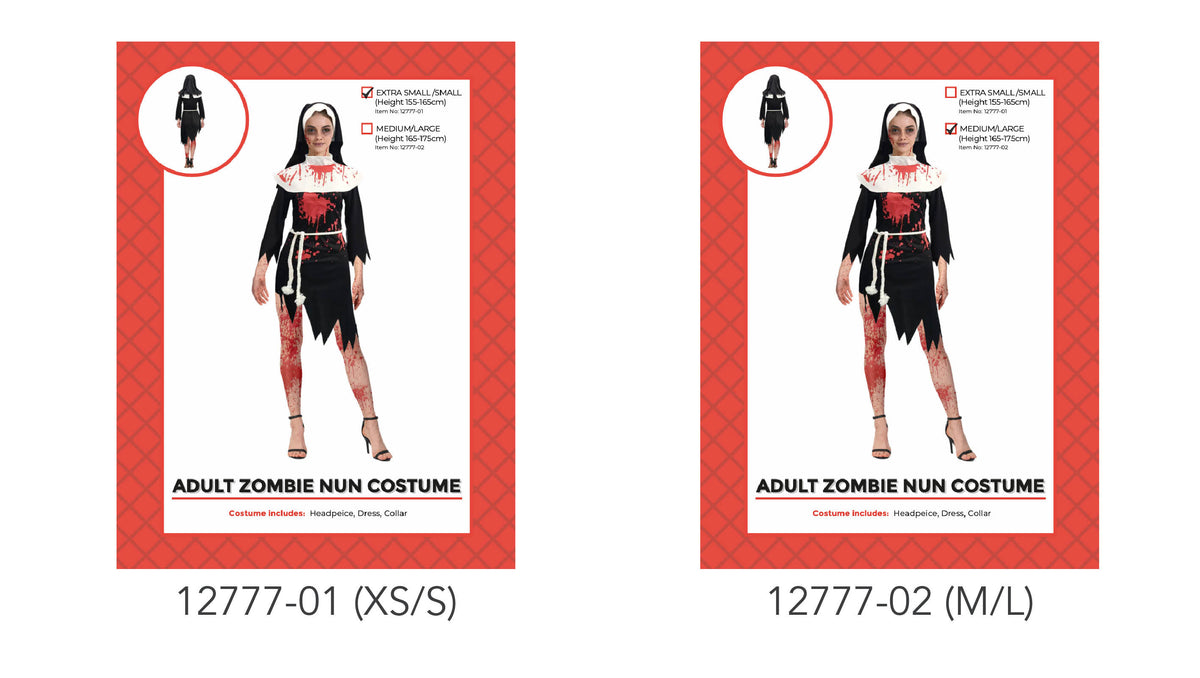 Black long-sleeved dress with jagged hems; White collar with red splatter print; Black headpiece with veil; Rope-style belt detail;