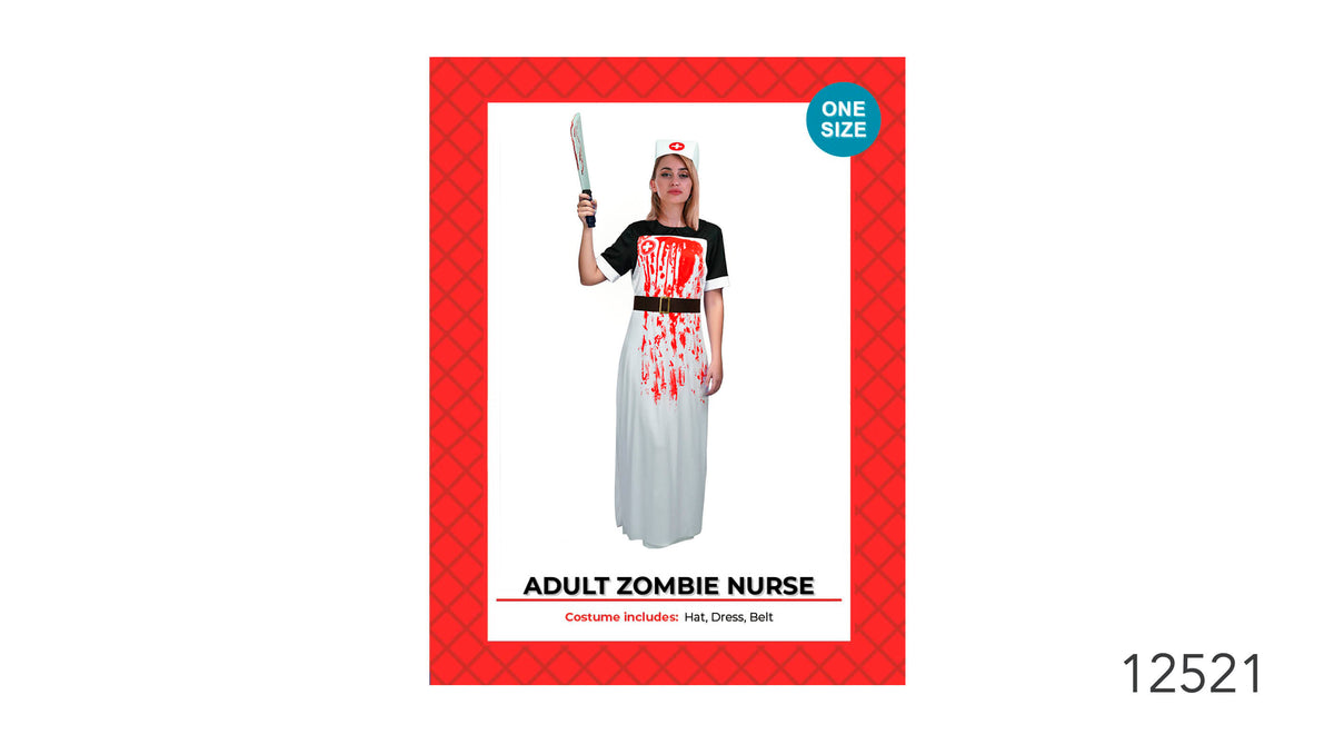 Long light-coloured dress with black short sleeves; Red splatter-style print across the front; White nurse-style hat with a red cross; Black belt with a gold-coloured buckle;