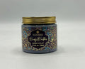 200ml jar; Purple container with gold floral design; Gold screw lid; Amber violet scented label; Compact round shape;
