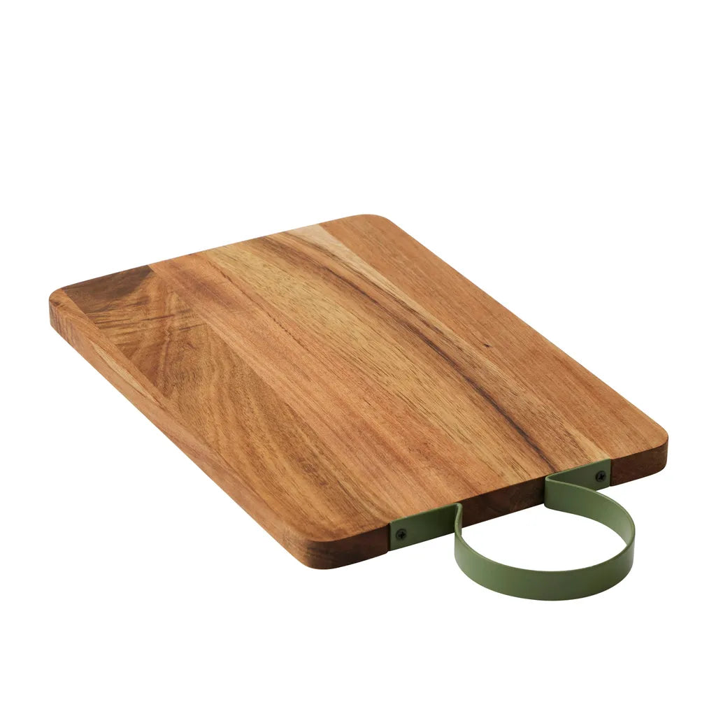 Rectangular wooden cutting board; Acacia wood with natural grain; Olive green metal handle attached; Rounded corners on the board;