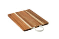 Rectangular shape; Acacia wood with natural wood grain finish; Cream/ivory coloured metal handle; Smooth, flat surface; Size approximately 28x45cm;