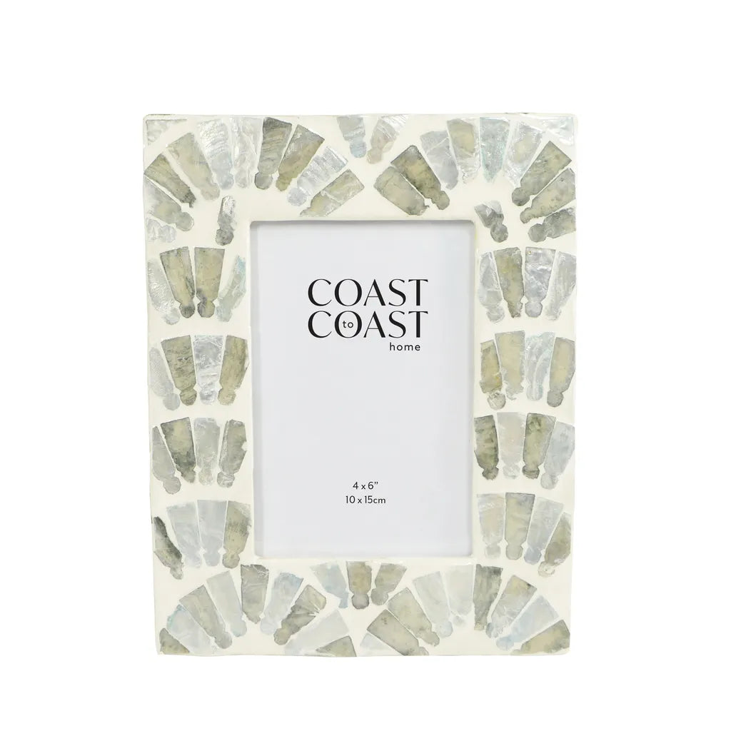 rectangular frame shape; blue and neutral inlay pattern; fits 4x6 inch photos; 18x23cm size;