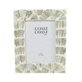 blue and cream coloured mosaic inlay pattern; rectangular shape; holds 5x7 inch photo; smooth finish; decorative frame border;