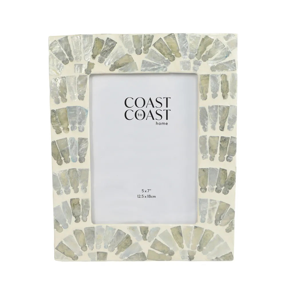 blue and cream coloured mosaic inlay pattern; rectangular shape; holds 5x7 inch photo; smooth finish; decorative frame border;