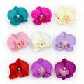 Large orchid-shaped hair clips with textured petals; Range of colours including teal, pink, cream, red and purple tones; Each clip features a small faux pearl at the centre; Mounted on individual white hanging display cards;