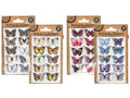 assorted coloured butterfly designs; 3D raised butterfly shapes; pack of 10 stickers; brown recycled-style backing card; plastic packaging with hang tab;