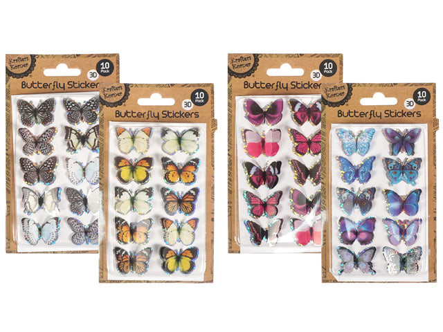 assorted coloured butterfly designs; 3D raised butterfly shapes; pack of 10 stickers; brown recycled-style backing card; plastic packaging with hang tab;