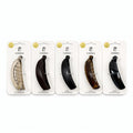 Long curved banana-style hair clip; Assorted neutral colours including beige, brown, black and tortoiseshell; High-gloss plastic finish; Each clip displayed on white CONNICE branded backing card;