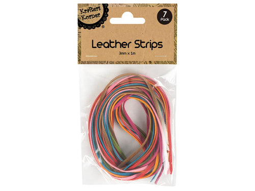 7 leather strips in assorted colours; Leather material; Strips approx. 3mm wide; Each strip approx. 1 metre long; Packaged in clear plastic with cardboard header;