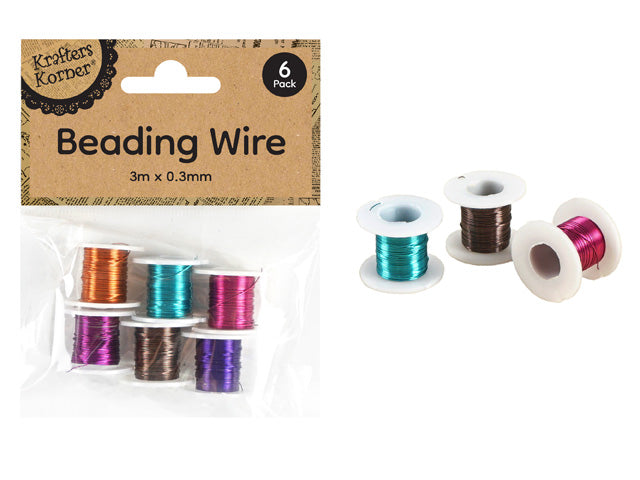 6 spools of wire in assorted colours: copper, teal, pink, purple, brown, violet; Each spool is white plastic with wire wrapped around; Wire thickness appears thin (0.3mm); Packaging is a clear plastic bag with Kraft paper header labelled 'Beading Wire' and '6 Pack';