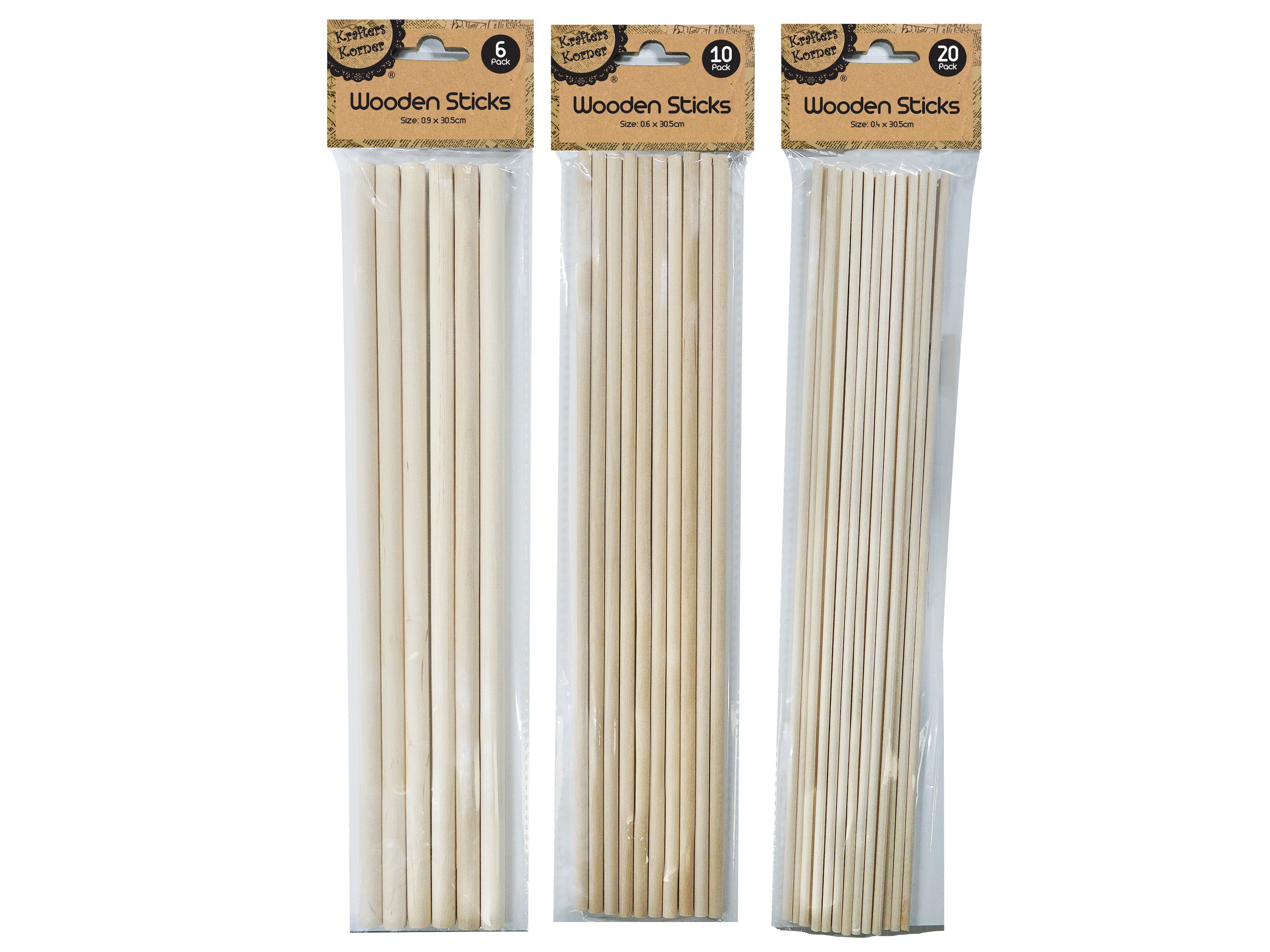 natural light wood colour; three packs with different quantities; pack sizes labelled as 6, 10, and 20 pieces; dowels are round and smooth; length approximately 30.5cm;