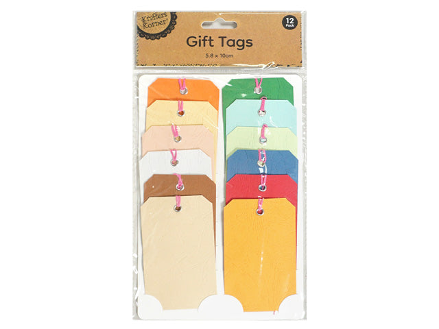 Assorted colour tags including orange, green, blue, red, beige, pink; Tags sized approximately 5.8 x 10cm; Each tag has a hole reinforced with a metal grommet; Pink ribbon attached to each tag for tying; Tags have a textured surface;