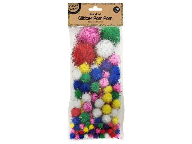 assorted colours including red, blue, green, yellow, white, pink, purple; multiple sizes of pom poms; glittery shiny fibre strands on pom poms; packaging shows 100 pieces in clear plastic bag;