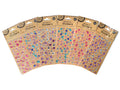 assorted shapes including oval and square rhinestones; variety of colours: purple, blue, pink, clear; kraft paper backing packaging; multiple sheets in pack;
