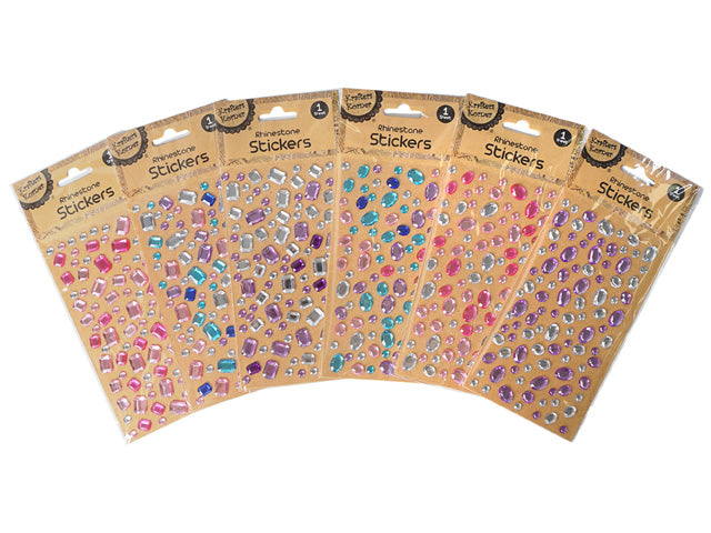 assorted shapes including oval and square rhinestones; variety of colours: purple, blue, pink, clear; kraft paper backing packaging; multiple sheets in pack;