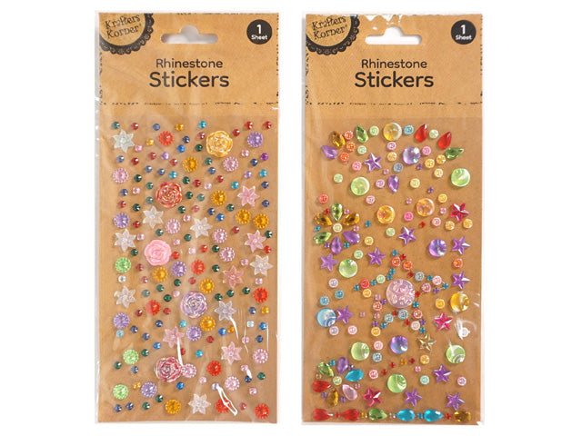 assorted colourful rhinestone shapes; includes stars, flowers, circles; various sizes of rhinestones; packaging with brown kraft card backing; sheet format with multiple stickers;