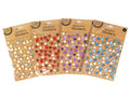 packaging shows 4 sheets of rhinestone stickers; various colours including gold, red, purple, and blue; stickers in round and teardrop shapes; stickers have glittery and shiny finishes; kraft paper backing on packaging;