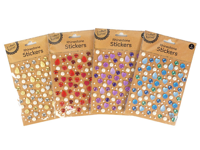 packaging shows 4 sheets of rhinestone stickers; various colours including gold, red, purple, and blue; stickers in round and teardrop shapes; stickers have glittery and shiny finishes; kraft paper backing on packaging;