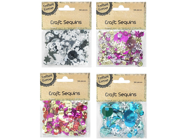 four clear plastic packets with kraft paper headers; various colours including silver, pink, purple, red, turquoise; mixed shapes such as round and flower designs; each packet contains numerous small shiny sequins;