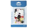 65 assorted buttons visible; varied colours: white, black, pink, red, yellow; combination of 2-hole and 4-hole buttons; buttons in various sizes; packaged in clear plastic on blue backing card;