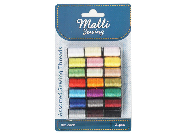21 small thread spools; variety of colours including white, yellow, green, red, blue, black; packaged on a blue card backing; thread length printed as 8m each;