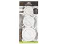 pack of 3 dumpling presses; white plastic material; assorted sizes (small, medium, large); round shaped with hinged handles; packaging labelled 'topcher' brand;