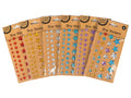 assorted star sizes; bright red, yellow, silver, blue, purple stars; glossy finish; packaging shows seven individual colour sets; kraft paper backing packaging;