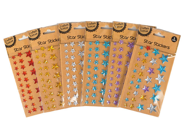 assorted star sizes; bright red, yellow, silver, blue, purple stars; glossy finish; packaging shows seven individual colour sets; kraft paper backing packaging;