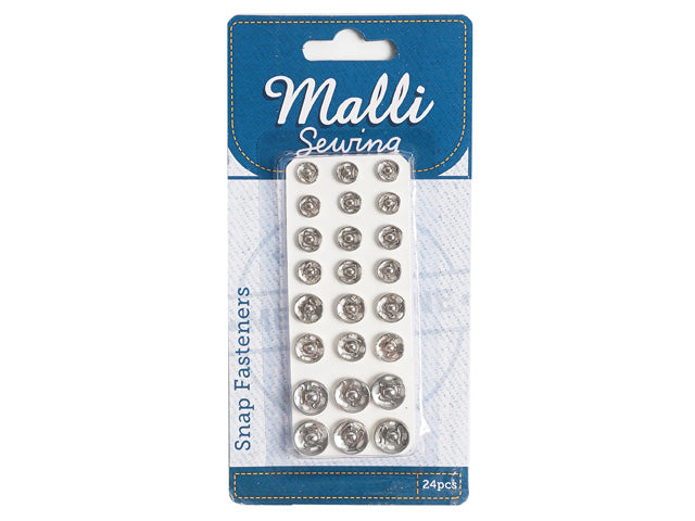 metal snap fasteners; assorted sizes; 24 pieces; blister pack packaging; blue and white card backing;