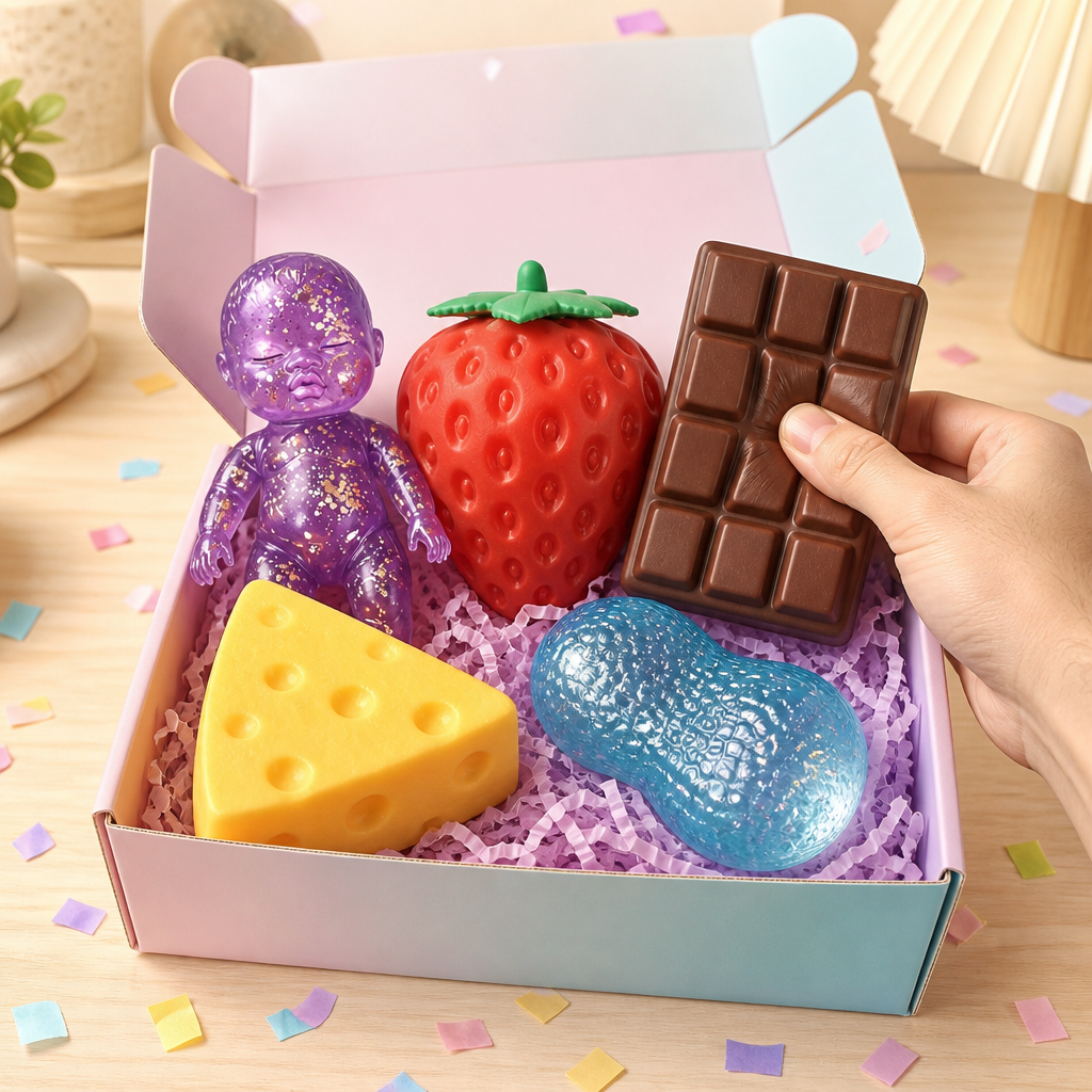 Five assorted squishy toys with different shapes, colours, and textures; Possible styles include food-inspired, glitter, animal, and character-shaped toys; Soft squeezable designs supplied as a random assortment;