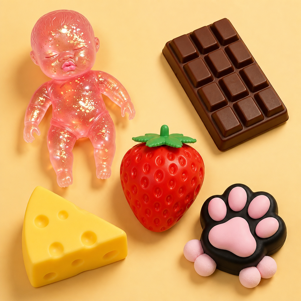 Five assorted squishy toys with different shapes, colours, and textures; Possible styles include food-inspired, glitter, animal, and character-shaped toys; Soft squeezable designs supplied as a random assortment;