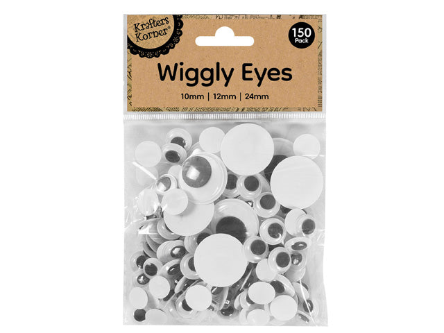 Various sizes of round wiggly eyes; White backing with black movable centers; Clear and plastic material; Packaged in a clear plastic bag with a brown header card;