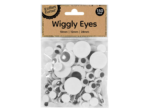 Various sizes of round wiggly eyes; White backing with black movable centers; Clear and plastic material; Packaged in a clear plastic bag with a brown header card;