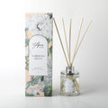 clear glass bottle; chrome-look lid; natural reed sticks; floral botanical print on packaging; 150ml label;