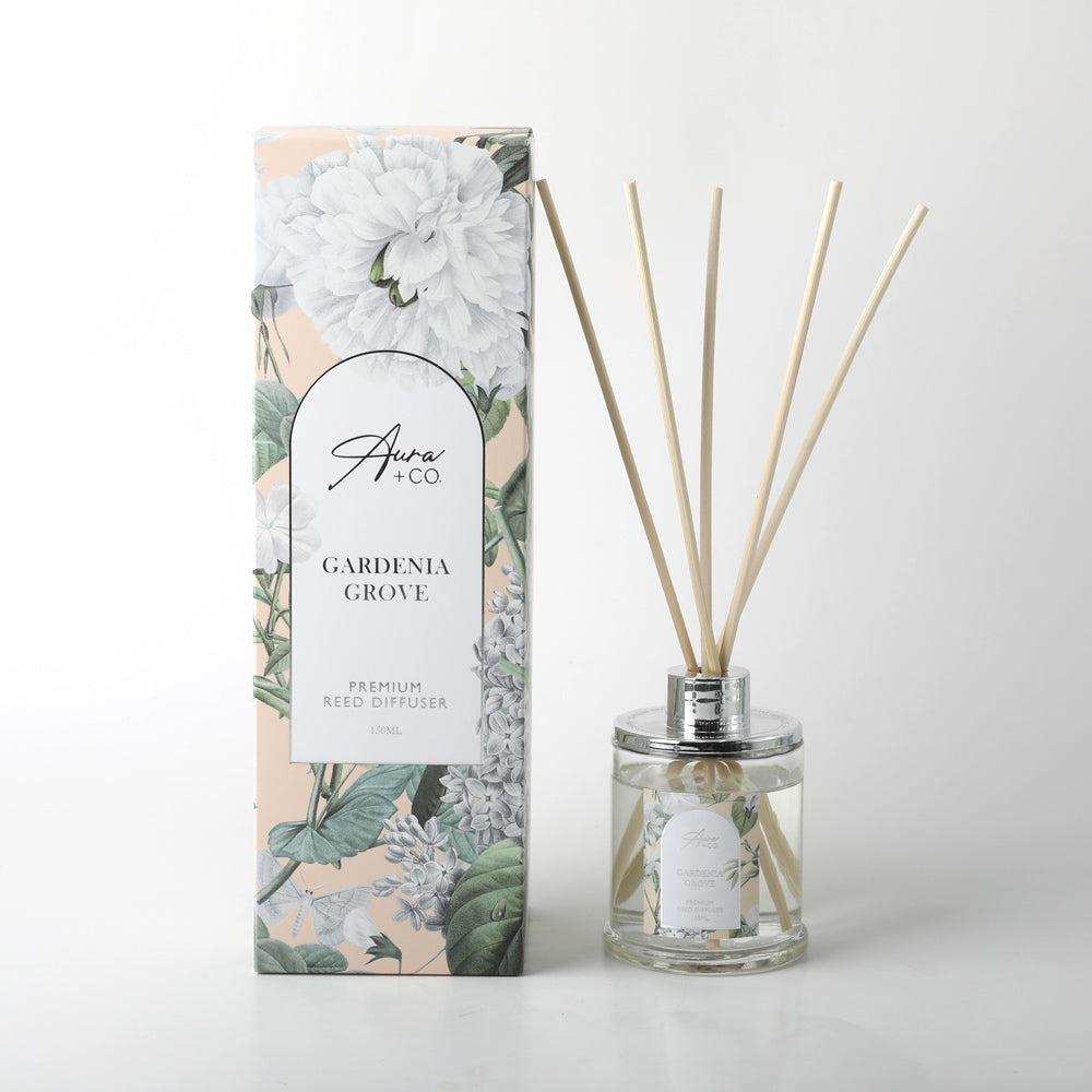 clear glass bottle; chrome-look lid; natural reed sticks; floral botanical print on packaging; 150ml label;