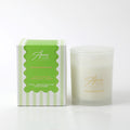 270g frosted glass jar candle; green and white striped packaging; gold foil branding on jar and box; glass lid on candle;