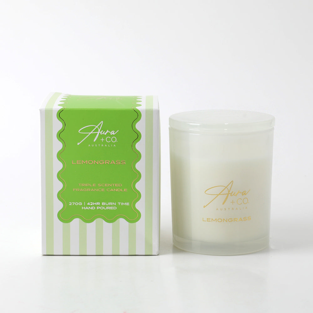 270g frosted glass jar candle; green and white striped packaging; gold foil branding on jar and box; glass lid on candle;