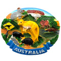 Oval shape; 3D raised design; Multiple Australian animals depicted; Brightly coloured paint finish; Blue banner with 'AUSTRALIA' text;