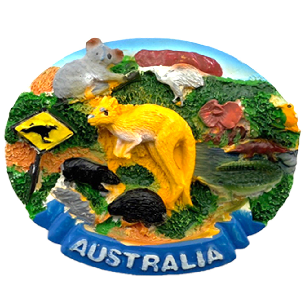 Oval shape; 3D raised design; Multiple Australian animals depicted; Brightly coloured paint finish; Blue banner with 'AUSTRALIA' text;