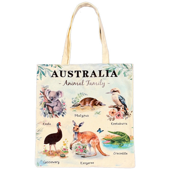 Canvas material in natural colour; Illustrated Australian animals: koala, platypus, kookaburra, cassowary, kangaroo, crocodile; Rectangular shape with long handles; Printed text: 'AUSTRALIA Animal Family';