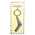 boomerang-shaped pendant; metal keyring ring; colourful Australian landmark graphics; packaged on card with red, white and blue border;