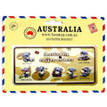 rectangular number plate shape; cream background with brown coffee spots; colourful koala illustrations; text showing coffee types; packaged on yellow card with red and blue border;