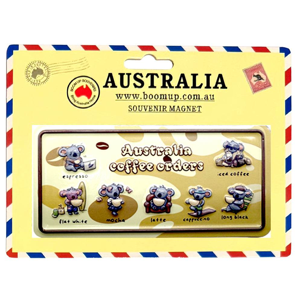 rectangular number plate shape; cream background with brown coffee spots; colourful koala illustrations; text showing coffee types; packaged on yellow card with red and blue border;