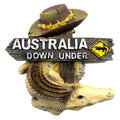 3D textured crocodile figure; wooden sign with 'Australia Down Under' text; brown outback hat on top; yellow crocodile crossing sign;