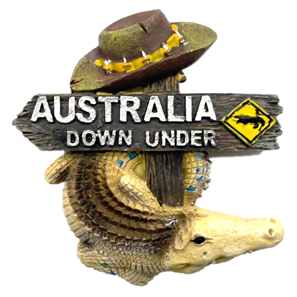 3D textured crocodile figure; wooden sign with 'Australia Down Under' text; brown outback hat on top; yellow crocodile crossing sign;