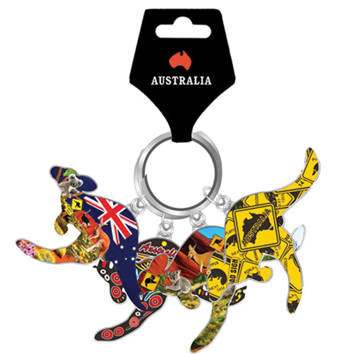 kangaroo-shaped charms; colourful Australian flag and map designs; metal keyring ring; multiple charms attached;