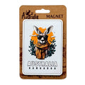 Rectangular metal magnet; Australian kangaroo illustration with sunglasses and scarf; White background with orange and green design elements; Packaged on brown card with hang tab;