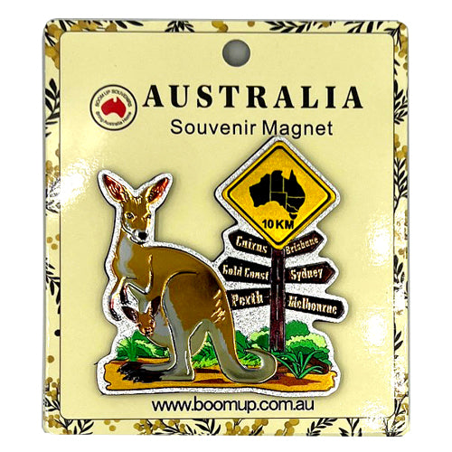 Kangaroo with joey in pouch; Yellow road sign shaped like Australia; Directional signpost with city names; PVC material with detailed colourful print;