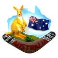 shaped like Australia map; depicts kangaroo with joey; includes Australian flag; bright colours with blue sky background; resin material with painted details;