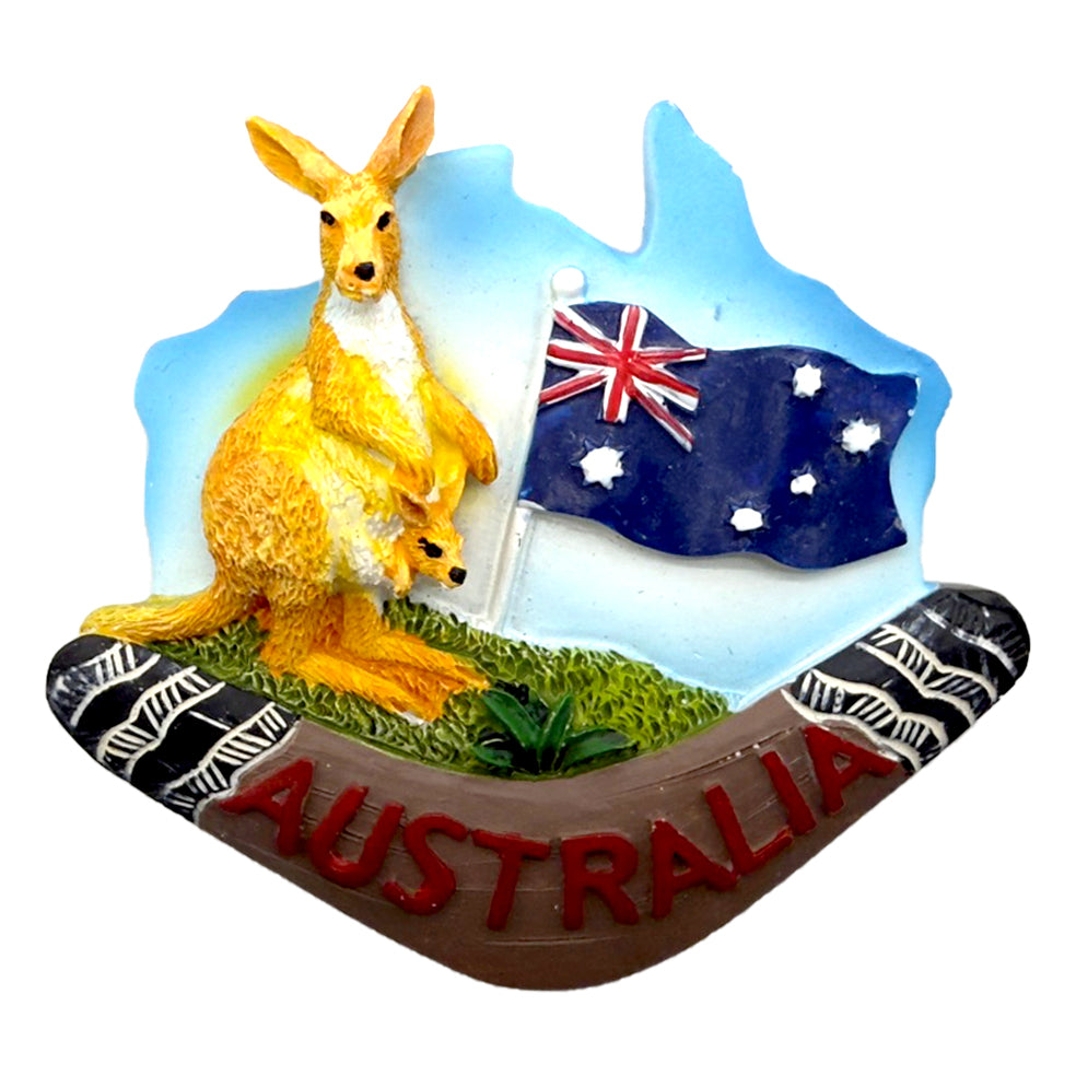 shaped like Australia map; depicts kangaroo with joey; includes Australian flag; bright colours with blue sky background; resin material with painted details;